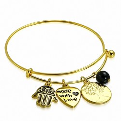 Cercle d'arbre bicolore en acier inoxydable doré fait avec un coeur d'amour Main de Fatma / Bracelet à perles Charm  ajustable