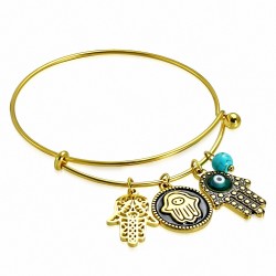 Bracelet en acier inoxydable doré 2 tons tonalité oeil diabolique - Bracelet ajustable avec breloque charm Charma et Turquoise