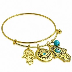 Bracelet en acier inoxydable doré à 2 tons avec motif de mauvais il Main de Fatma avec  CZ bleu et perle turquoise