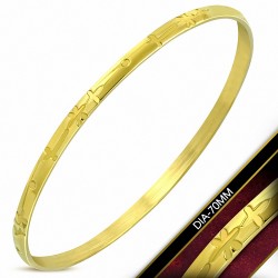 DIA-70mm x 4mm | Bracelet jonc rond en croix gravé en acier inoxydable doré