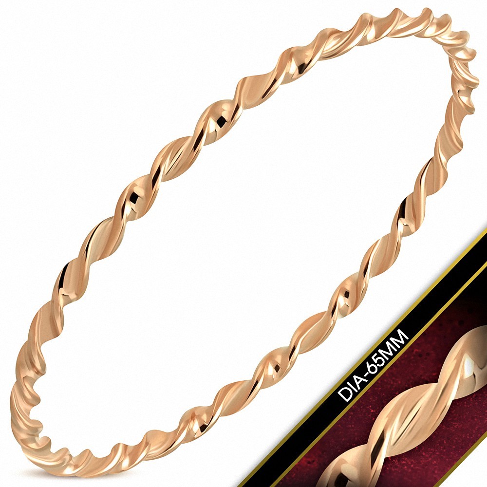 DIA-65mm x 3.5mm | Bracelet rond tordu en acier inoxydable plaqué de couleur d'or rose / rose
