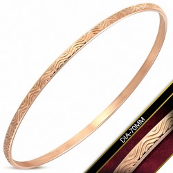 DIA-70mm x 3mm | Bracelet jonc plat maigre ondulé gravé en acier inoxydable plaqué de couleur d'or rose / rose