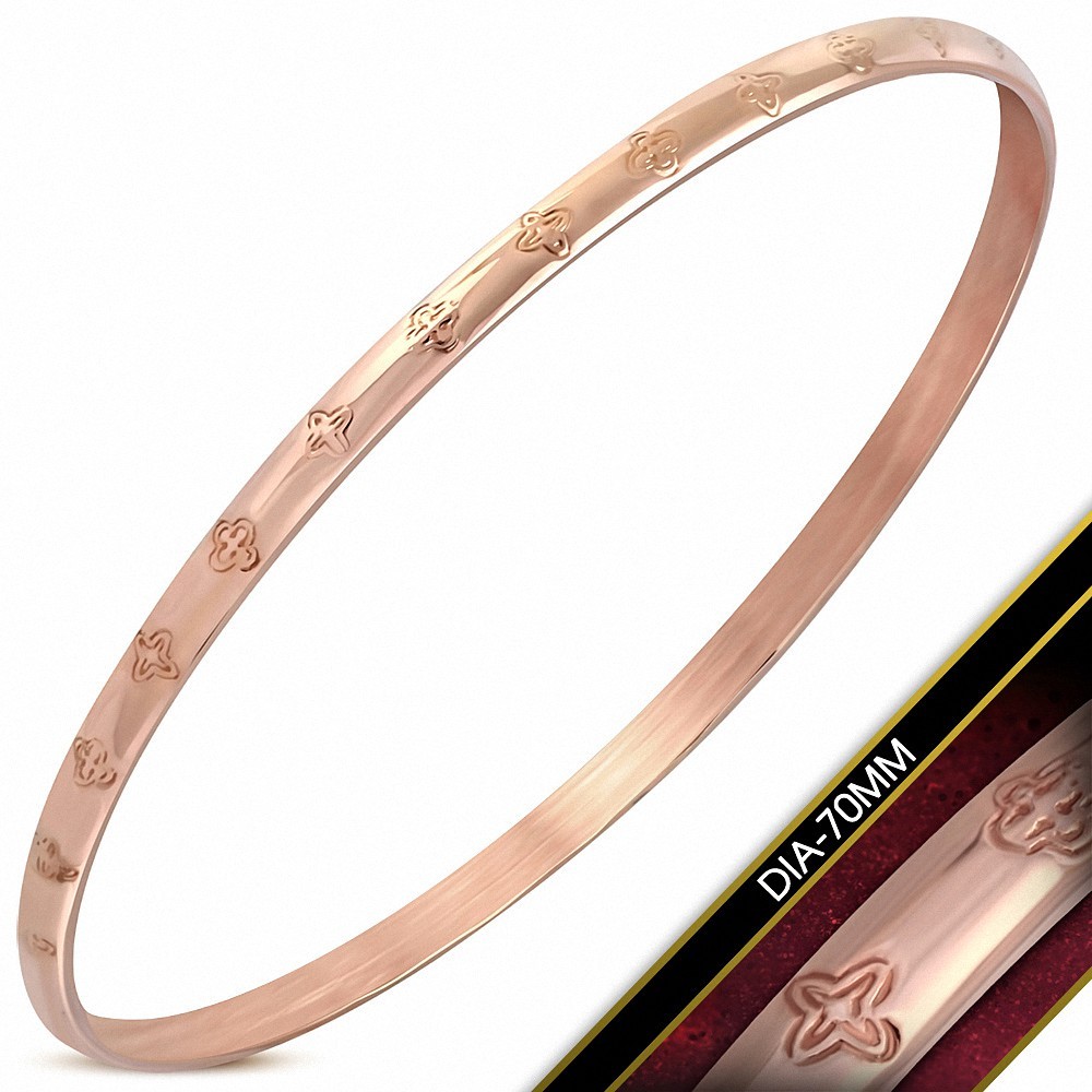 DIA-70mm x 3.5mm | Bracelet jonc rond et rond en forme de fleur gravée en acier inoxydable plaqué de couleur d'or rose / rose