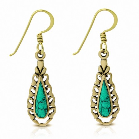 Boucles d'oreilles crochet en forme de larme en bronze avec turquoise (paire)