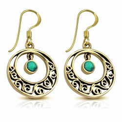 Boucles d'oreilles à crochet mode et cercle concentrique en bronze avec pierre turquoise (paire)