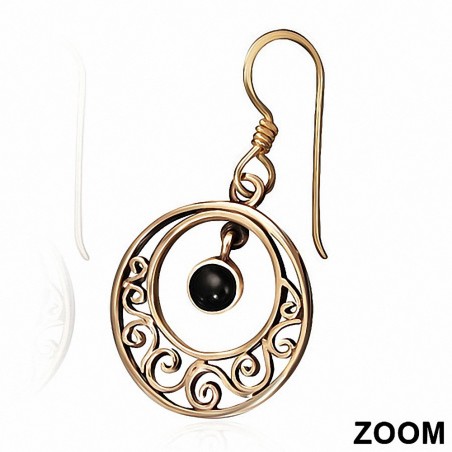 Boucles d'oreilles à crochet mode et cercle concentrique en bronze avec onyx noir (paire)