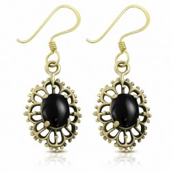 Boucles d'oreilles à crochet en forme de fleur ovale en bronze avec onyx noir (paire)