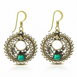 Boucles d'oreilles à crochet fantaisie en forme de disque en bronze avec turquoise (paire)