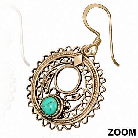 Boucles d'oreilles à crochet fantaisie en forme de disque en bronze avec turquoise (paire)