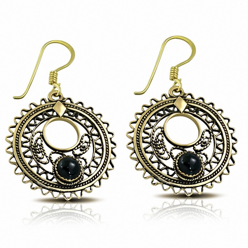 Boucles d'oreilles à crochet fantaisie en forme de disque circulaire en bronze avec onyx noir (paire)