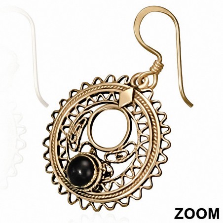 Boucles d'oreilles à crochet fantaisie en forme de disque circulaire en bronze avec onyx noir (paire)