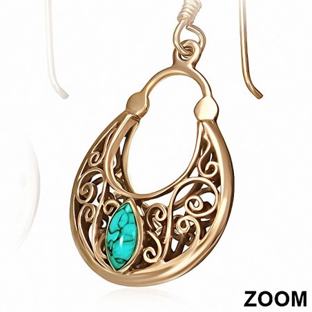 Boucles d'oreilles en crochet de sac à main en forme de spirale à la mode en bronze avec pierre turquoise (paire)