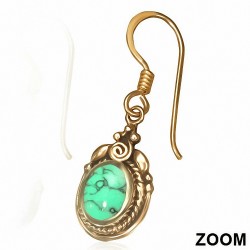 Boucles d'oreilles à crochet en forme de lunette en bronze avec fleur turquoise (paire)