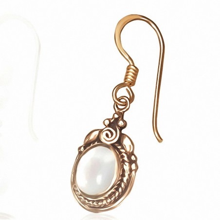 Boucles d'oreilles crochet en forme de fleur ovale en bronze perle blanche (paire)