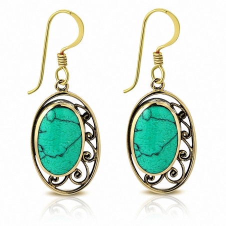 Boucles d'oreilles à crochet fantaisie en bronze avec turquoise (paire)