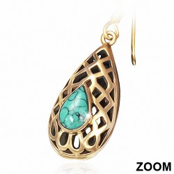 Boucles d'oreilles crochet en forme de larme en bronze avec pierre turquoise (paire)
