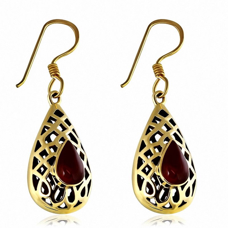 Boucles d'oreilles en forme de crochet en forme de larme en bronze avec agate rouge (paire)