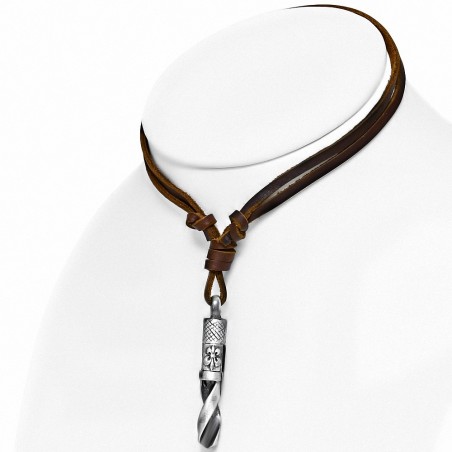 Alliage de mode 3-ton Fleur De Lis Fleur Drill Bit Charm réglable Brun Véritable Cuir Biker Collier