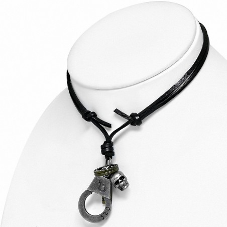 Alliage de mode 3-ton crâne sexe symbole menottes menotte bague anneau charm réglable noir véritable motard en cuir collier