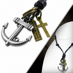 Alliage de mode 3-ton marine ancre croix tag anneau charm réglable noir véritable collier de motard en cuir