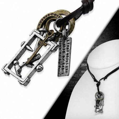 Alliage de mode 3-ton marteau outil tag croix anneau charm réglable brun véritable motard en cuir collier