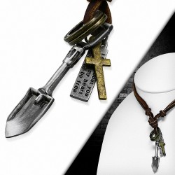 Alliage de mode 3 tons ton anneau pelle outil tag charm réglable brun véritable motard en cuir collier