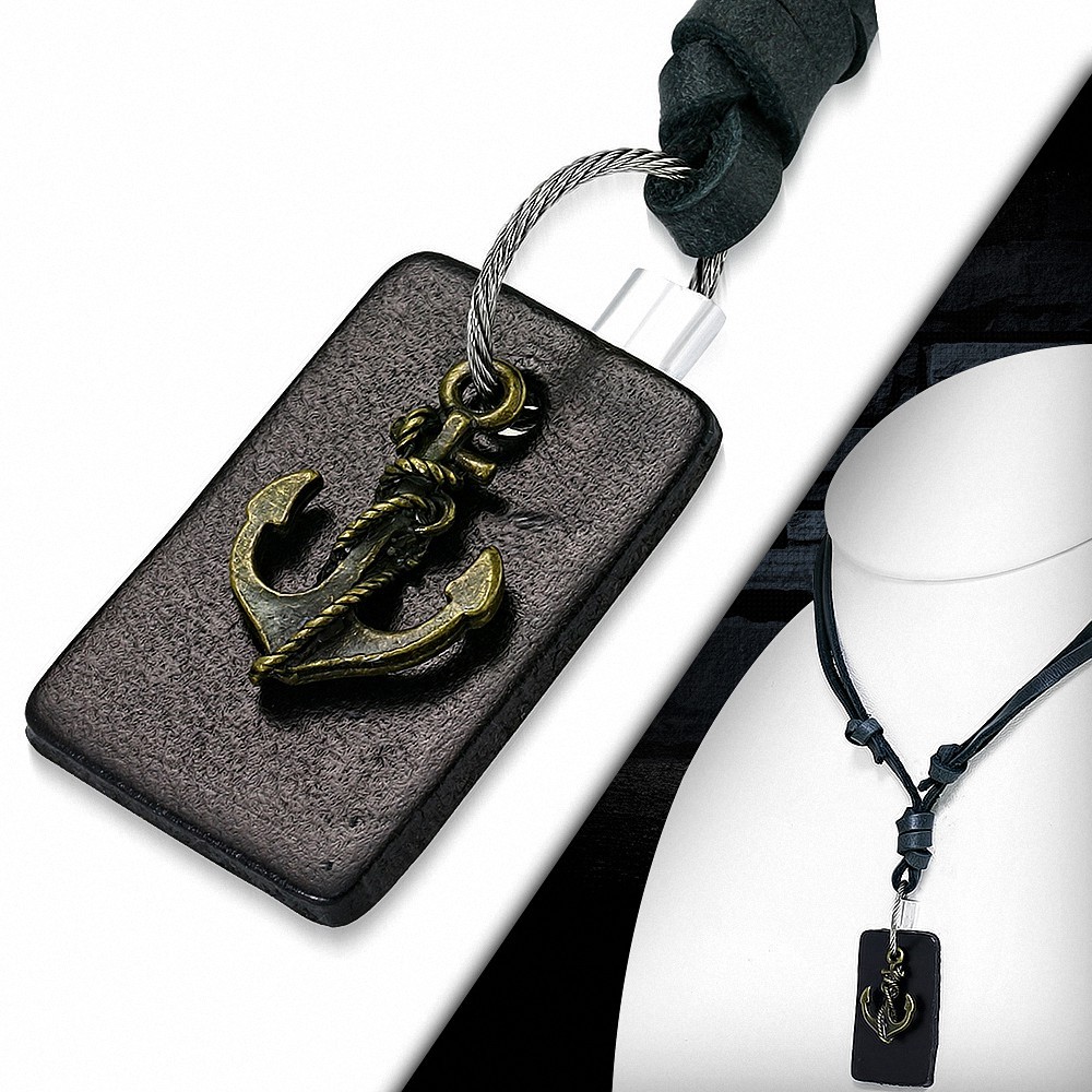 Collier en alliage de mode 2-ton marine ancre marine brun charm réglable noir véritable cuir Biker