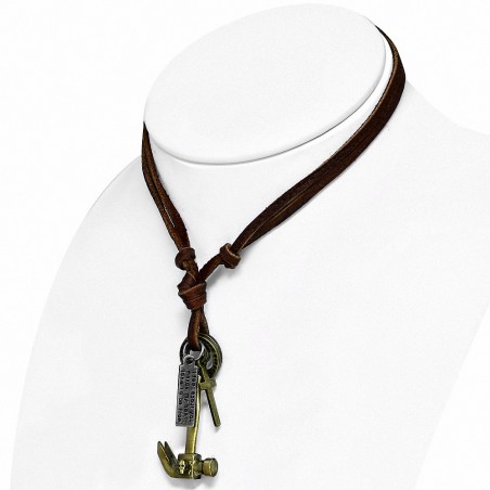 Alliage de mode alliage 3 tons crâne marteau croix anneau tag charm réglable brun véritable motard en cuir collier