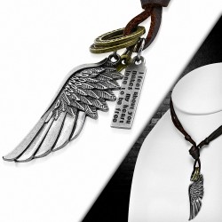 Alliage de mode en alliage 3 tons Angel Cross Ring Tag Charm réglable collier en cuir véritable brun
