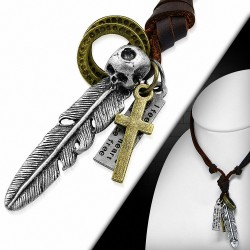 Alliage de mode 3 tons antique plume vintage oiseau / feuille de crâne croix anneau tag charm réglable motard cuir collier