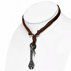 Alliage de mode clé 3-ton clé croix anneau bague tag charm réglable en cuir véritable brun collier