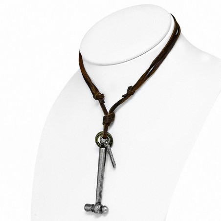 Alliage de mode alliage 3-ton grand outil marteau croix bague tag charm réglable brun collier en cuir véritable