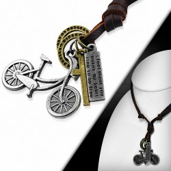 Alliage de mode alliage 3 tons bicyclette de sport cross tag charm réglable marron collier en cuir véritable