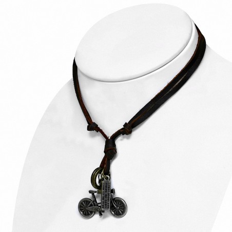 Alliage de mode alliage 3 tons bicyclette de sport cross tag charm réglable marron collier en cuir véritable