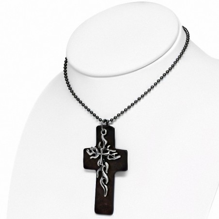 Alliage de mode 2 tons feu / flamme brun cuir véritable charm croix boule militaire lien chaîne collier