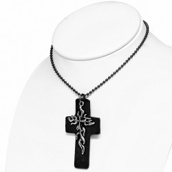 Alliage de mode 2 tons feu / flamme noir véritable cuir croix charm charm militaire lien chaîne collier