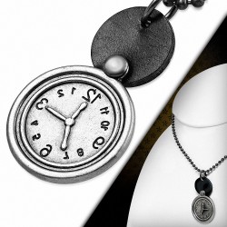 Alliage de mode 2-ton charm d'horloge collier en cuir de lien en chaîne de cercle militaire en cuir véritable