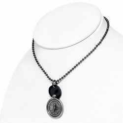 Alliage de mode 2-ton charm d'horloge collier en cuir de lien en chaîne de cercle militaire en cuir véritable