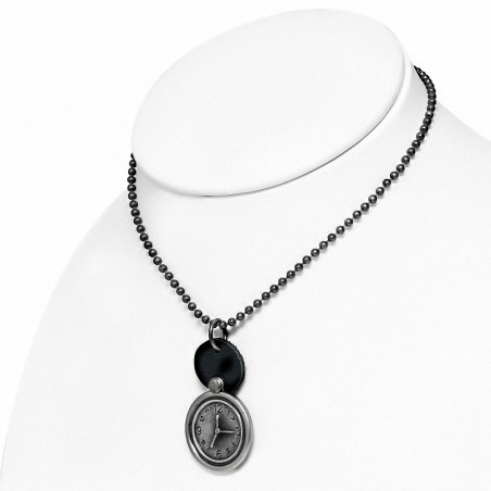 Alliage de mode 2-ton charm d'horloge collier en cuir de lien en chaîne de cercle militaire en cuir véritable