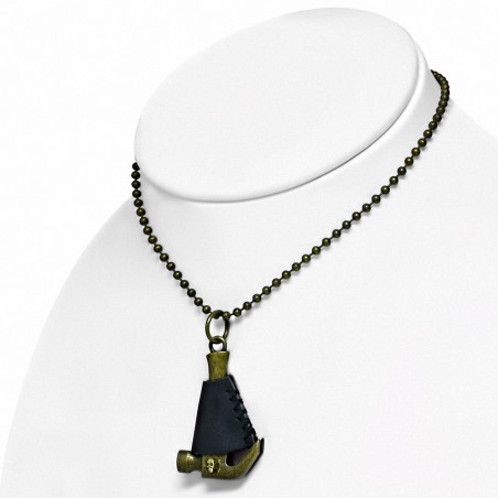 Alliage de mode 2-ton marteau outil  noir en cuir véritable charm militaire lien boule chaîne collier motard