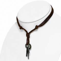 Alliage de mode 3-ton crâne bataille hache croix bague tag charm réglable brun véritable collier en cuir