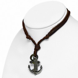 Alliage de mode en alliage marin 3 tons anneau de charm bague réglable collier en cuir véritable brun réglable