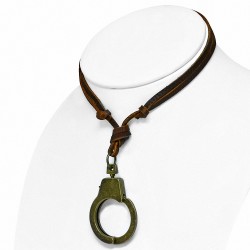 Collier réglable en cuir véritable marron en alliage fantaisie 2 menottes