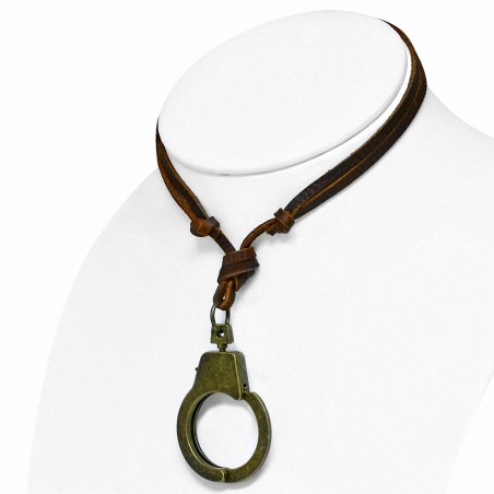 Collier réglable en cuir véritable marron en alliage fantaisie 2 menottes