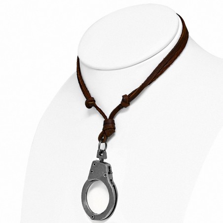 Collier réglable en cuir véritable marron en alliage fantaisie avec 2 menottes de menottes