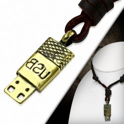 Alliage de mode alliage 2-ton charm de lecteur flash USB réglable brun véritable collier en cuir