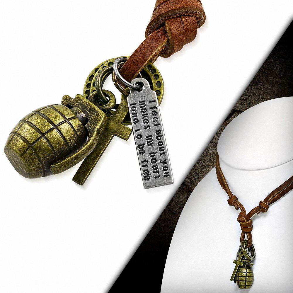 Alliage de mode alliage 3 tons Grenade Croix Bague Tag Charm réglable collier en cuir véritable brun