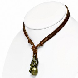 Alliage de mode alliage 3 tons Grenade Croix Bague Tag Charm réglable collier en cuir véritable brun