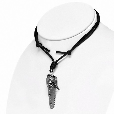 Alliage de mode crâne 2 tons scie lame croix clous charm réglable noir véritable collier de motard en cuir