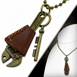 Alliage de mode 2-ton clé os croisé clé brun véritable cuir squelette clé charm boule militaire lien chaîne collier